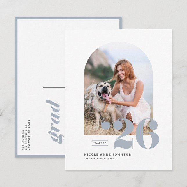Cartão Postal De Convite Dusty Blue Classe de Graduação de Foto em Arch 202 (Frente/Verso)