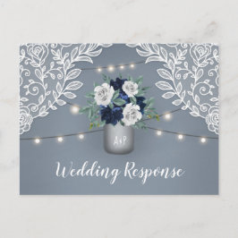 Cartão Postal De Convite Dusty Blue Country Lace Mason Jar Weding RSVP