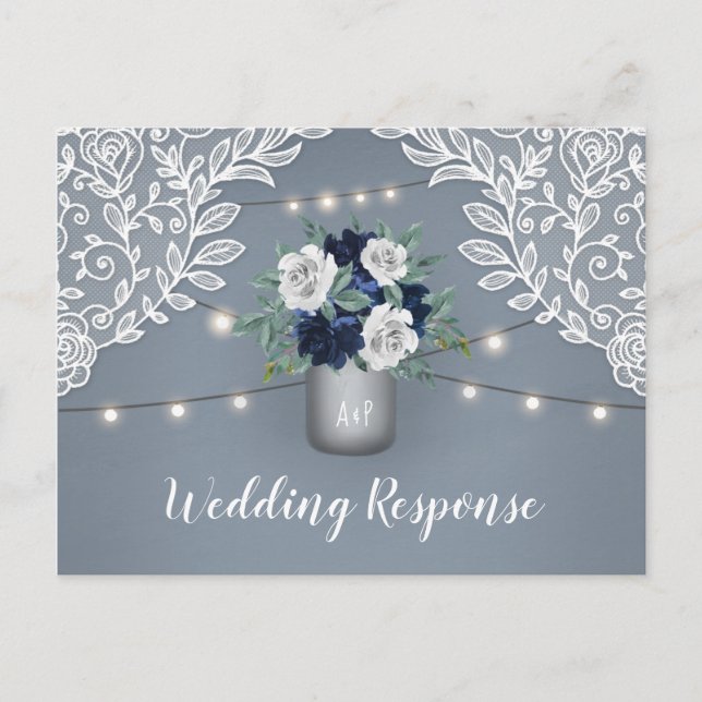 Cartão Postal De Convite Dusty Blue Country Lace Mason Jar Weding RSVP (Frente)
