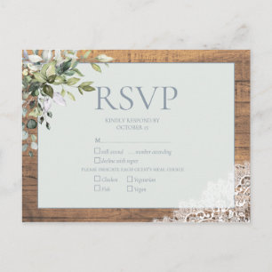 Cartão Postal De Convite Dusty Blue Eucalyptus Botanical Wood Lace RSVP