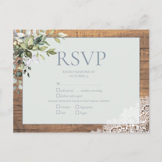 Cartão Postal De Convite Dusty Blue Eucalyptus Botanical Wood Lace RSVP (Frente)