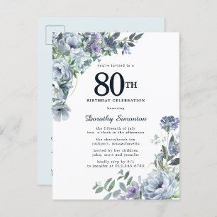 Cartão Postal De Convite Dusty Blue Floral 80 Birthday Bonito