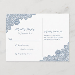 Cartão Postal De Convite Dusty Blue Floral Lace Rustic Weding RSVP