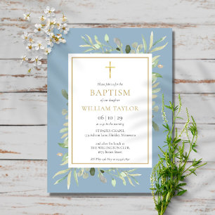 Cartão Postal De Convite Dusty Blue Greenery Baptism Christening