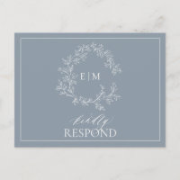 Dusty Blue QR Leafy Crest Monograma Casamento RSVP