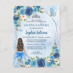 Cartão Postal De Convite Dusty Blue Silver Glam Floral Princesa Quinceañera