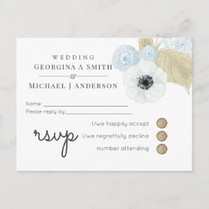 Cartão Postal De Convite Dusty Blue White Marinho Anemone BUDGET Casamento
