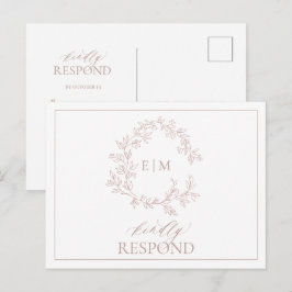 Cartão Postal De Convite Dusty Rosa Leafy Crest Monograma RSVP de Casamento