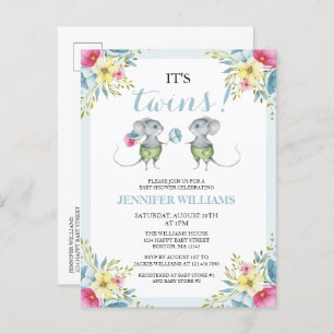 Cartão Postal De Convite É o Chá de fraldas dos Gêmeos Blue Floral Boy