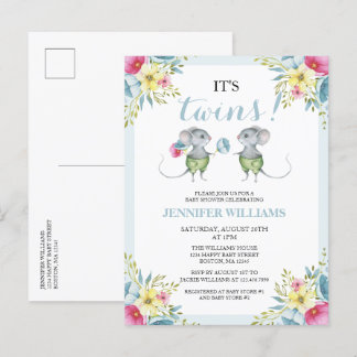 Cartão Postal De Convite É o Chá de fraldas dos Gêmeos Blue Floral Boy