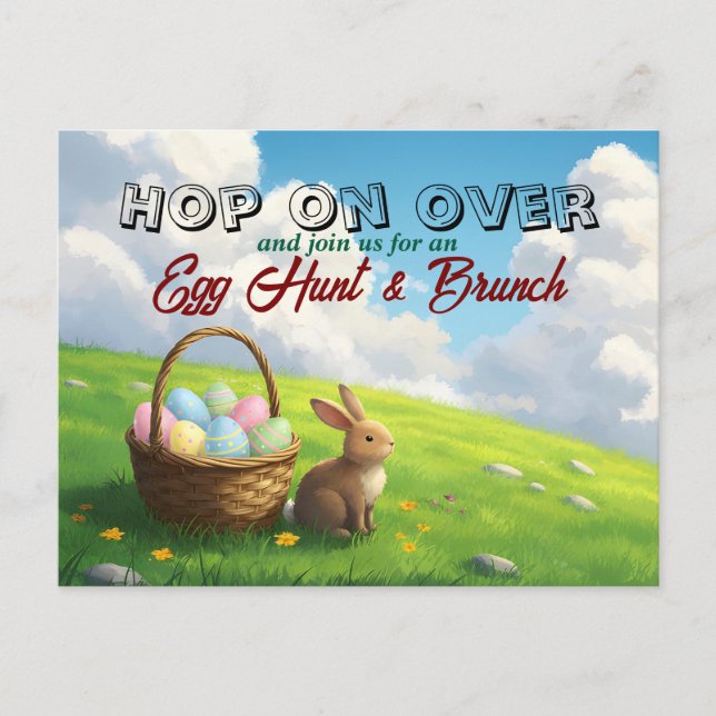 Cartão Postal De Convite Easter Brunch & Egg Hunt Spring Meadow Bunny (Frente)