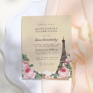 Cartão Postal De Convite Eiffel Tower Floral Paris Themed Quinceañera