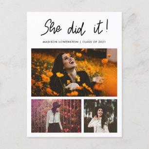 Cartão Postal De Convite Ela Fez Formando Script De Três Fotos De Colagem