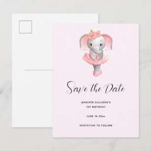 Cartão Postal De Convite Elefante Ballerina Cor-de-rosa e Cinzas, Salvar a 