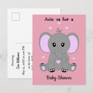 Cartão Postal De Convite Elefante de bebê bonito, rosa, chá de fraldas