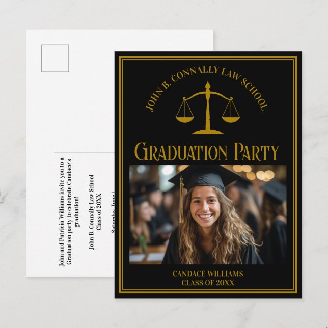 Cartão Postal De Convite Elegant Black Law School Photo Graduation Party (Frente/Verso)
