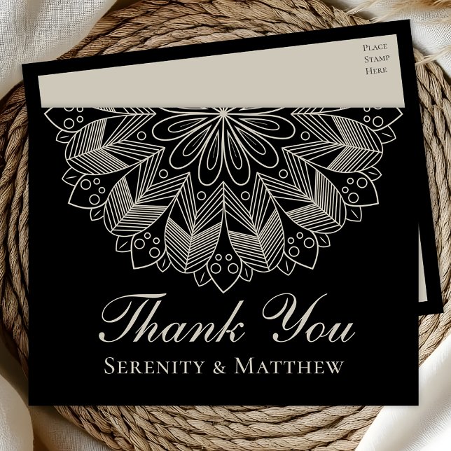Cartão Postal De Convite Elegant Mandala Indian Henna Boho Chic Black Thank (Criador carregado)