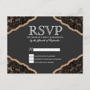 Cartão Postal De Convite Elegante Black Lace em Burlap Jute