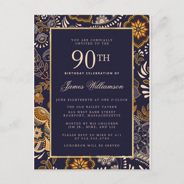 Cartão Postal De Convite Elegante Blue e Dourado Patterno 90 de Aniversário (Frente)