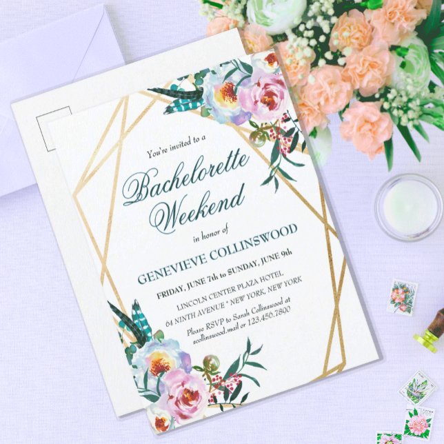 Cartão Postal De Convite Elegante Boho Floral Bachelorette Weekend Itinerár (PRETTY BLUE BOHO FLORAL BACHELORETTE WEEKEND INVITATION POSTCARD WITH ITINERARY)