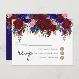 Cartão Postal De Convite Elegante Burgundy Blue Floral Wedch RSVP
