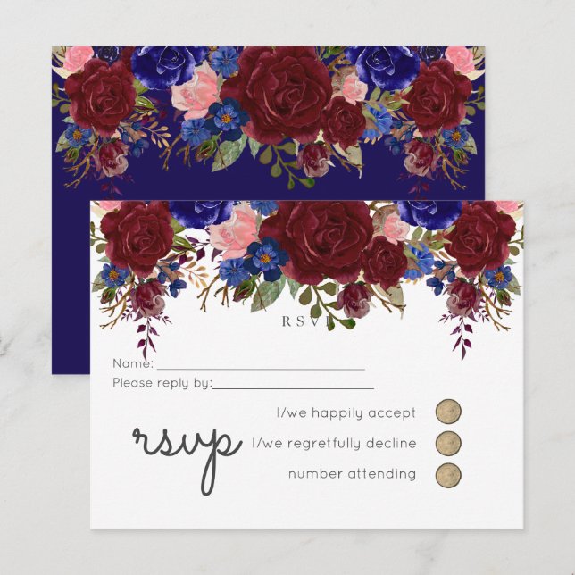Cartão Postal De Convite Elegante Burgundy Blue Floral Wedch RSVP (Frente/Verso)