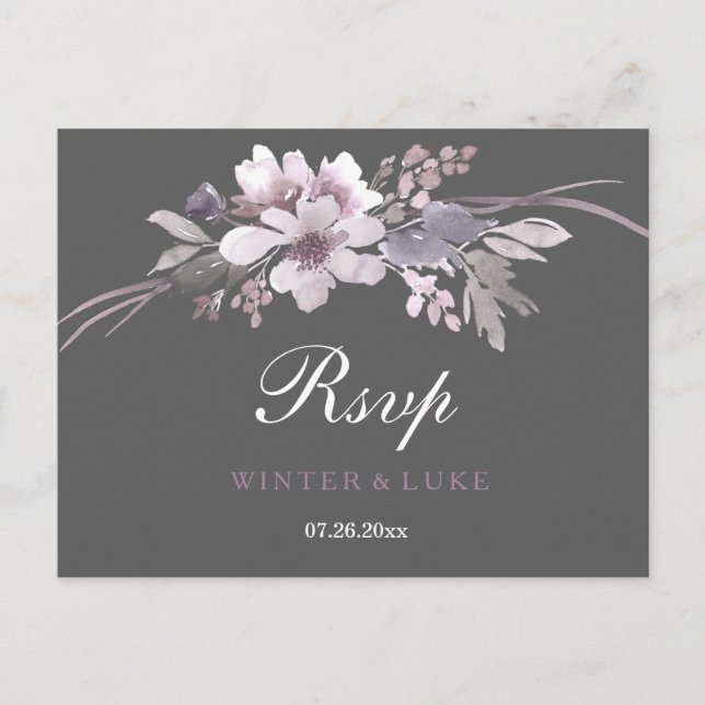 Cartão Postal De Convite Elegante Cinza de inverno Casamento Floral RSVP (Frente)