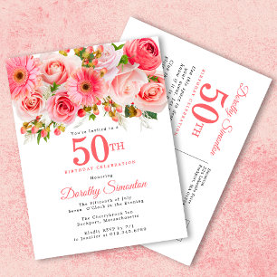 Cartão Postal De Convite Elegante cor-de-rosa Floral 50º Aniversário