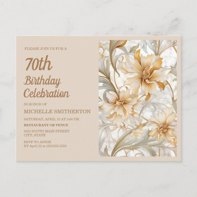 Cartão Postal De Convite Elegante Dourado Beige Floral 70 (Frente)