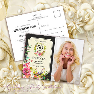 Cartão Postal De Convite Elegante Floral 50 e Fabulosa 50ª Festa de anivers