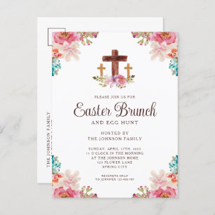 Cartão Postal De Convite Elegante Floral Cross Páscoa Brunch