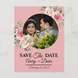 Cartão Postal De Convite Elegante Floral Rosa Salve a Data Totalmente Editá