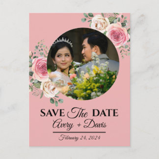 Cartão Postal De Convite Elegante Floral Rosa Salve a Data Totalmente Editá