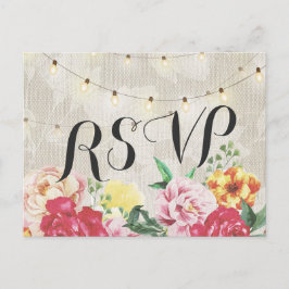 Cartão Postal De Convite Elegante Floral String Lights Linen Wedding RSVP