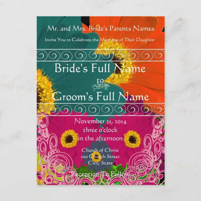 Cartão Postal De Convite Elegante Gerber Daisy Wedding Invitation Swirls (Frente)