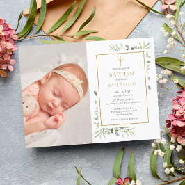 Cartão Postal De Convite Elegante Greenery Baptism Christening Foto