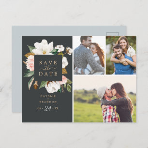 Cartão Postal De Convite Elegante Magnolia Preto 3 Foto para salvar a dat