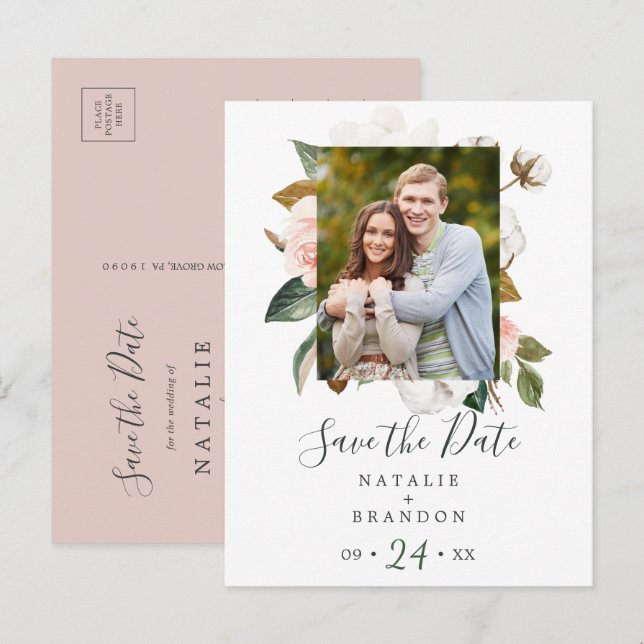 Cartão Postal De Convite Elegante Magnolia | White Photo Save the Date (Frente/Verso)