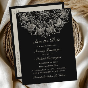Cartão Postal De Convite Elegante Mandala Boho Black Salvar o Casamento da 