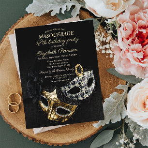 Cartão Postal De Convite Elegante Máscara Preta, Máscara de Aniversário de