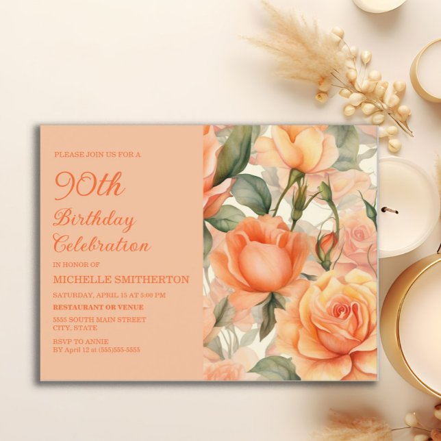 Cartão Postal De Convite Elegante Peach Orange Floral Rosa 90 Birthday (Peach roses 90th birthday party postcard invitation)