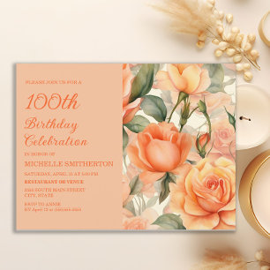 Cartão Postal De Convite Elegante Peach Orange Floral Rosas 100º Aniversári