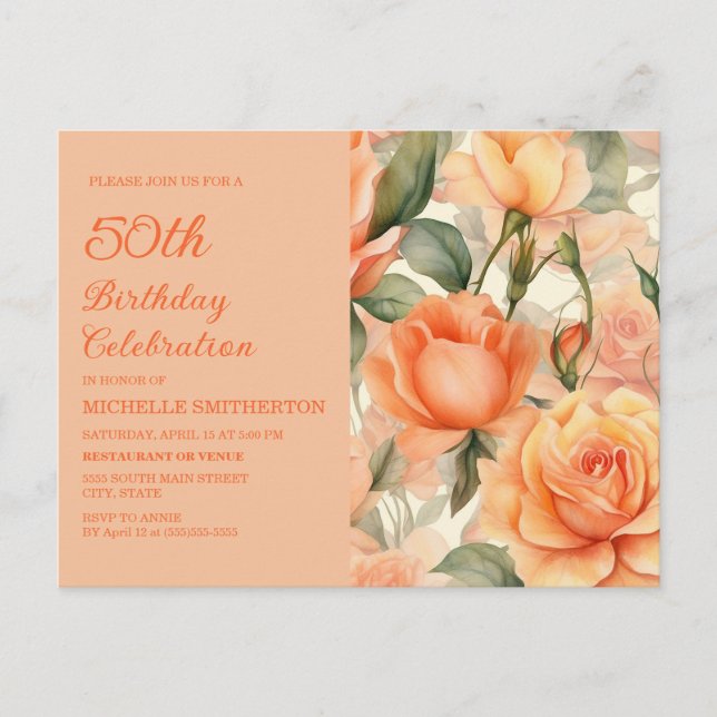 Cartão Postal De Convite Elegante Peach Orange Floral Rosas 50º Aniversário (Frente)