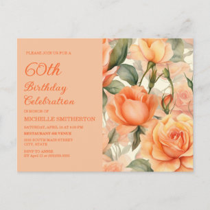 Cartão Postal De Convite Elegante Peach Orange Floral Rosas 60º Aniversário