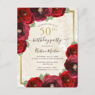Cartão Postal De Convite Elegante Red Watercolor Floral Dourado 50º anivers