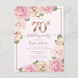 Cartão Postal De Convite Elegante Rosa Dourado Floral Brilhante Aniversário