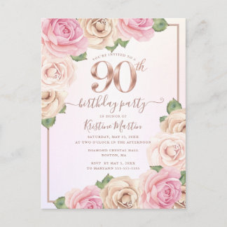 Cartão Postal De Convite Elegante Rosa Dourado Floral Brilhante para 90º An