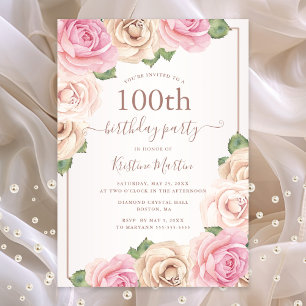 Cartão Postal De Convite Elegante Rosa Dourado Watercolor Floral 100º Anive