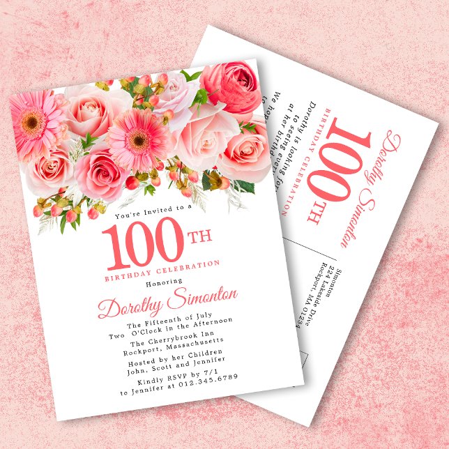 Cartão Postal De Convite Elegante rosa Floral 100º Aniversário (Criador carregado)