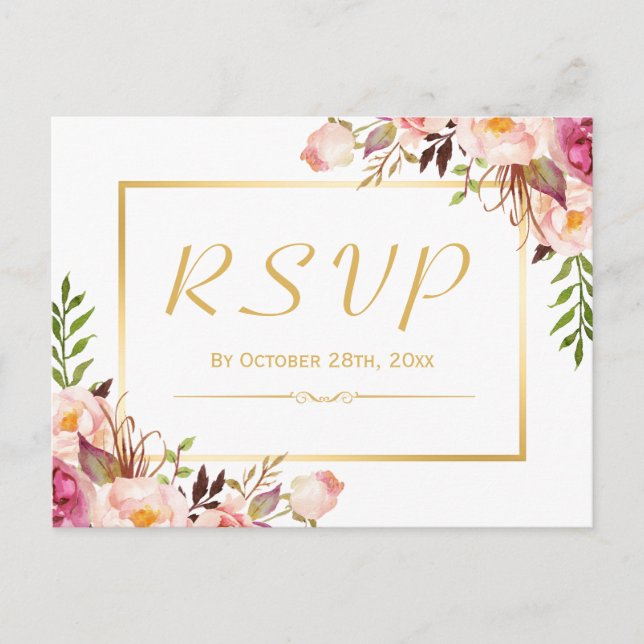 Cartão Postal De Convite Elegante Rosa Floral Dourado Quadro Casamento RSVP (Frente)